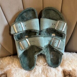 Fuzzy Teal Double Strap Birkenstock Sandals